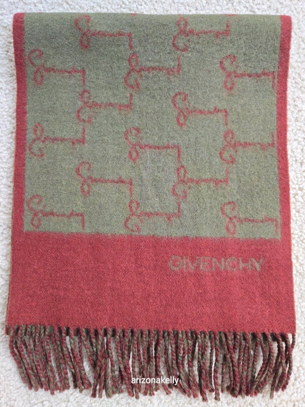 Vintage Givenchy Logo Scarf Cashmere Burgundy & Olive Green - Picture 8 of 8